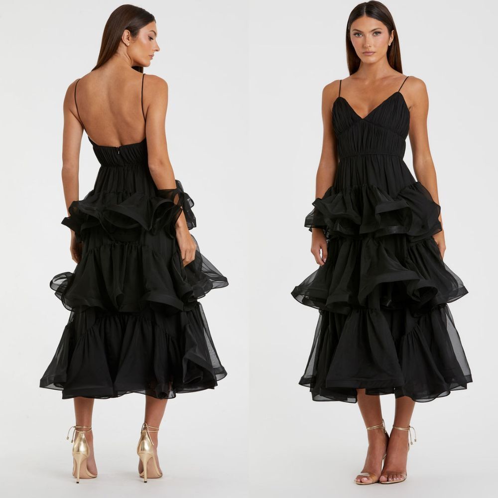 Mac Duggal Black Layered Ruffle Midi Dress with Spaghetti Straps